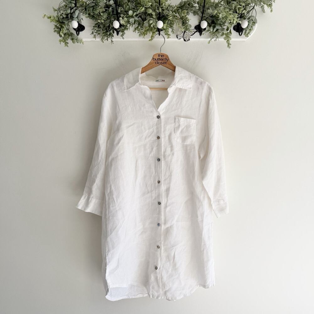Made In Italy Linen White Button Down Shirt Dress 3/4 Sleeve N7056